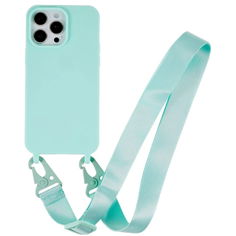 Kryt na iPhone 16 Pro gumový se šňůrkou na krk světle modrý