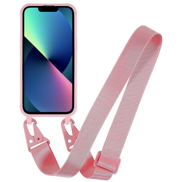 Kryt na iPhone 14 Wide gumový se šňůrkou na krk růžový