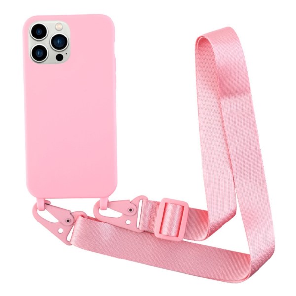 Kryt na iPhone 13 Pro Wide gumový se šňůrkou na krk růžový