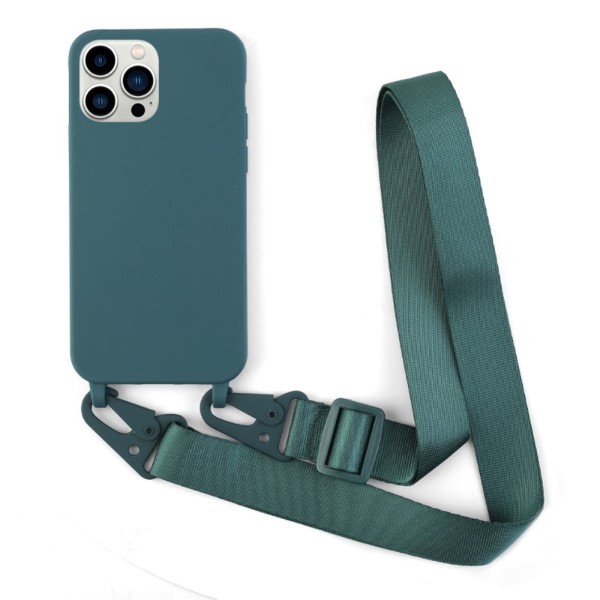 Kryt na iPhone 13 Pro Wide gumový se šňůrkou na krk zelený