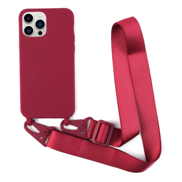 Kryt na iPhone 13 Pro Wide gumový se šňůrkou na krk červený