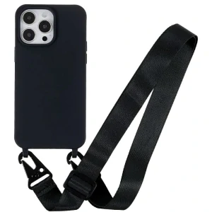 Kryt na iPhone 16 Pro Max gumový se šňůrkou na krk černý