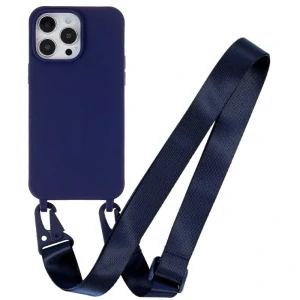 Kryt na iPhone 16 Pro Max gumový se šňůrkou na krk tmavě modrý