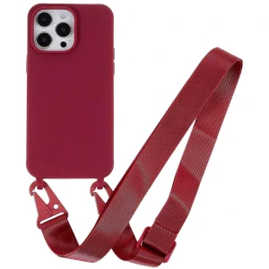 Kryt na iPhone 16 Pro Max gumový se šňůrkou na krk vínový