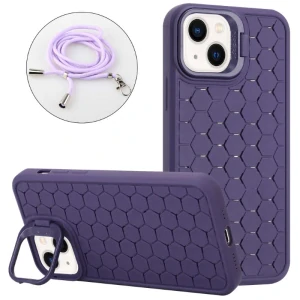 Kryt na iPhone 15 Honeycomb s podporou MagSafe a šňůrkou na krk fialový