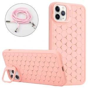 Kryt na iPhone 15 Pro Honeycomb s podporou MagSafe a šňůrkou na krk růžový