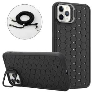 Kryt na iPhone 13 Pro Honeycomb s podporou MagSafe a šňůrkou na krk černý