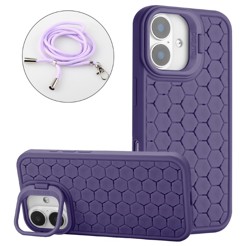 Kryt na iPhone 16 Honeycomb s podporou MagSafe a šňůrkou na krk fialový