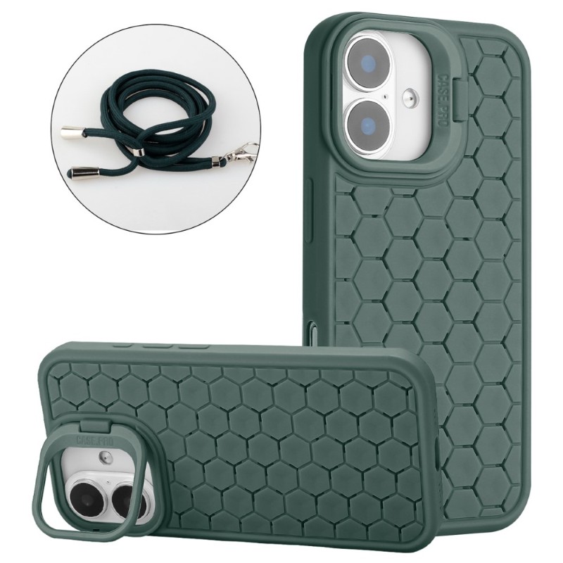 Kryt na iPhone 16 Honeycomb s podporou MagSafe a šňůrkou na krk zelený