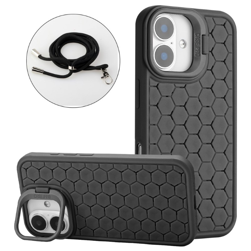 Kryt na iPhone 16 Honeycomb s podporou MagSafe a šňůrkou na krk černý