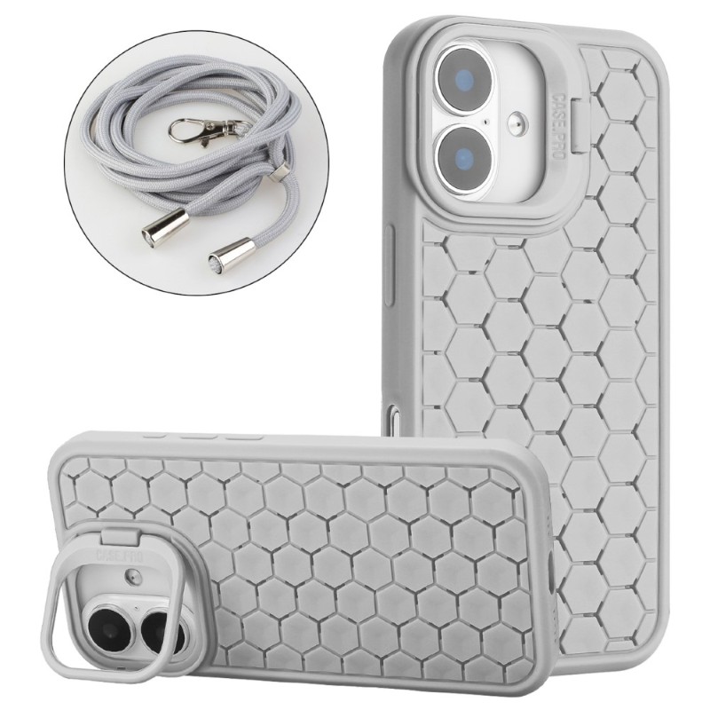 Kryt na iPhone 16 Honeycomb s podporou MagSafe a šňůrkou na krk šedý