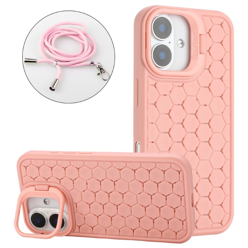 Kryt na iPhone 16 Honeycomb s podporou MagSafe a šňůrkou na krk růžový
