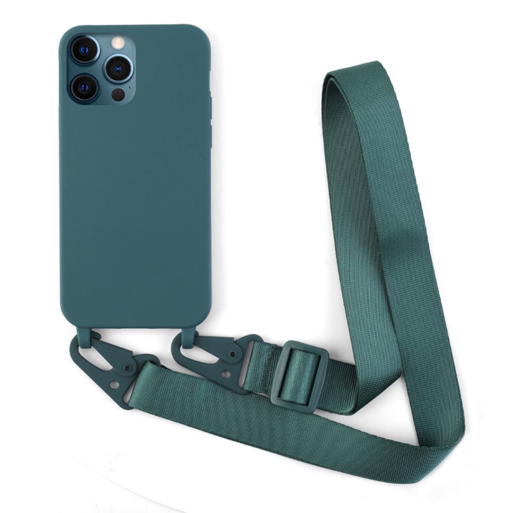 Kryt na iPhone 12 / 12 Pro gumový se šňůrkou na krk zelený
