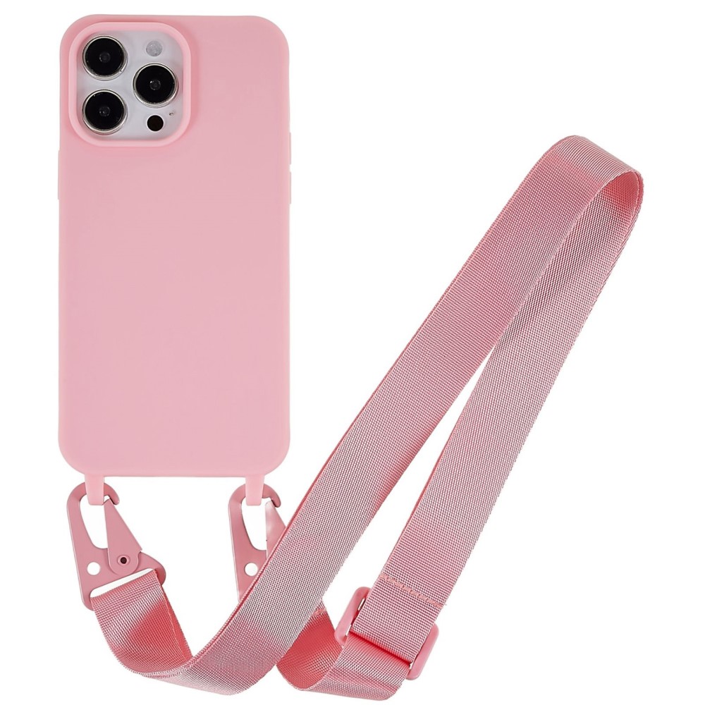 Kryt na iPhone 15 Pro Max gumový se šňůrkou na krk růžový