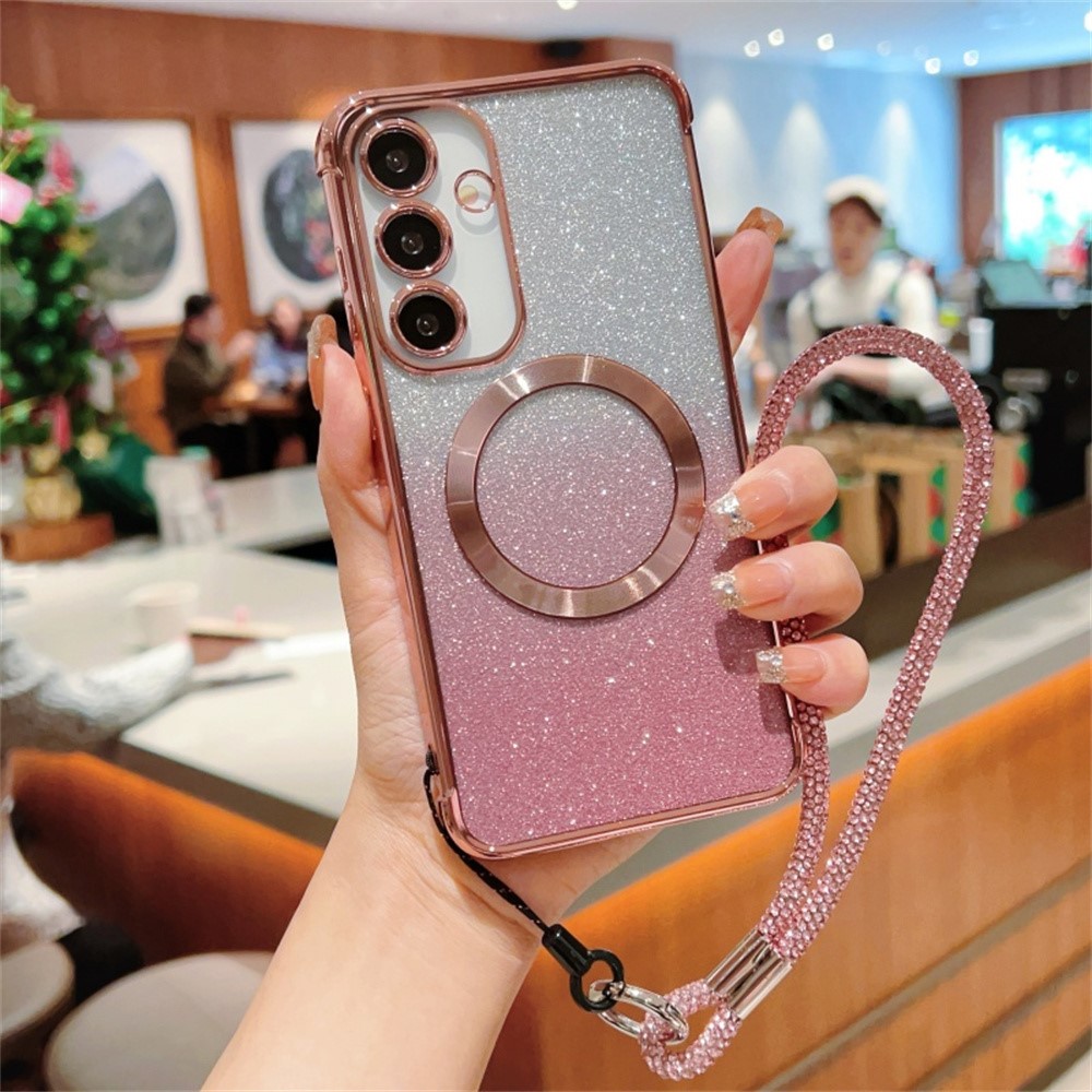 Kryt na Samsung Galaxy S25 Glitter s poutkem na ruku (Magsafe) růžový