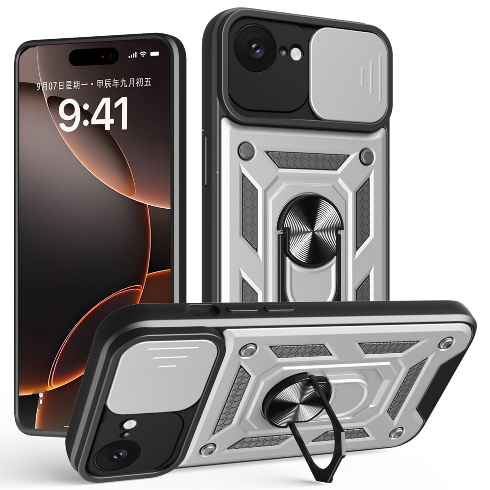 Kryt na iPhone 16E odolný s krytkou na fotoaparát stříbrný