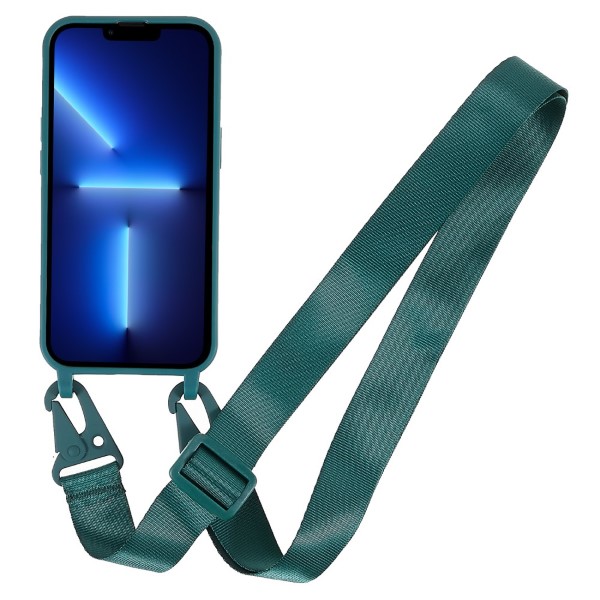 Kryt na iPhone 13 Pro Wide gumový se šňůrkou na krk zelený