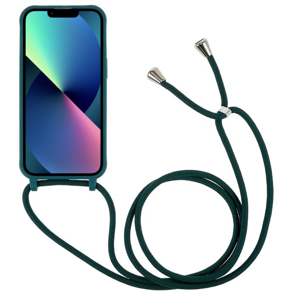Kryt na iPhone 14 Plus gumový se šňůrkou na krk zelený