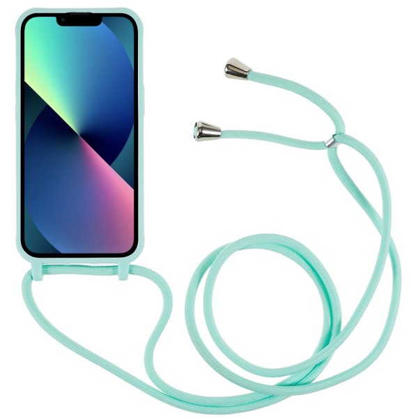 Kryt na iPhone 14 Plus gumový se šňůrkou na krk světle modrý