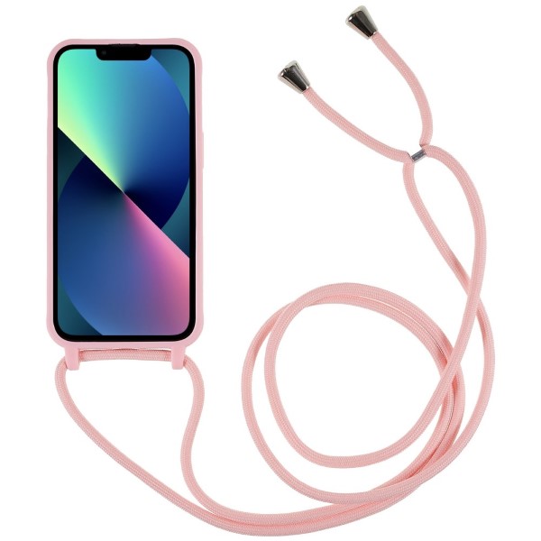 Kryt na iPhone 14 Plus gumový se šňůrkou na krk růžový