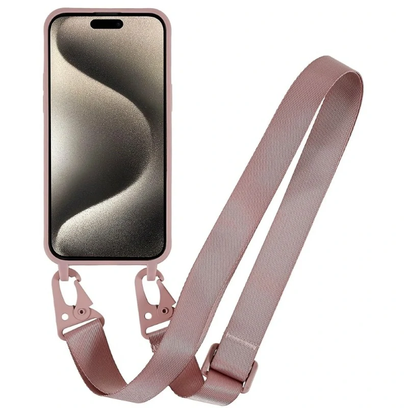 Kryt na iPhone 15 Pro gumový se šňůrkou na krk starorůžový
