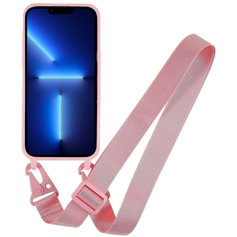 Kryt na iPhone 16 Pro gumový se šňůrkou na krk růžový