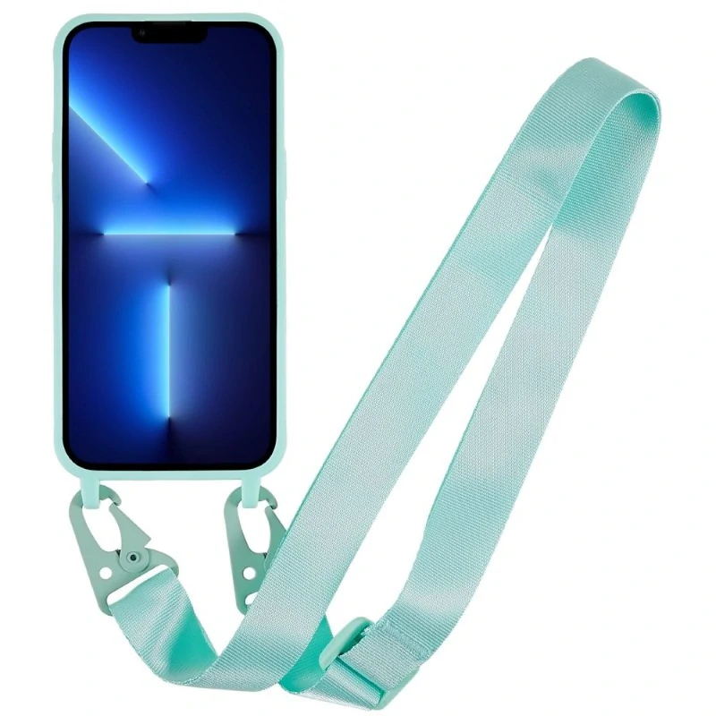 Kryt na iPhone 16 Pro gumový se šňůrkou na krk světle modrý
