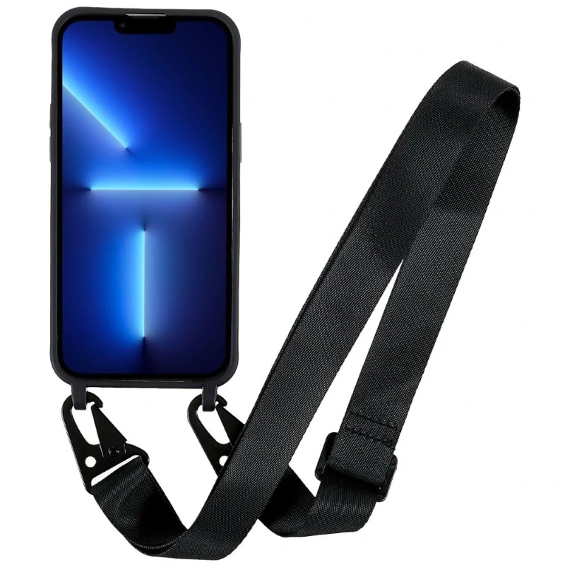 Kryt na iPhone 16 Pro Max gumový se šňůrkou na krk černý