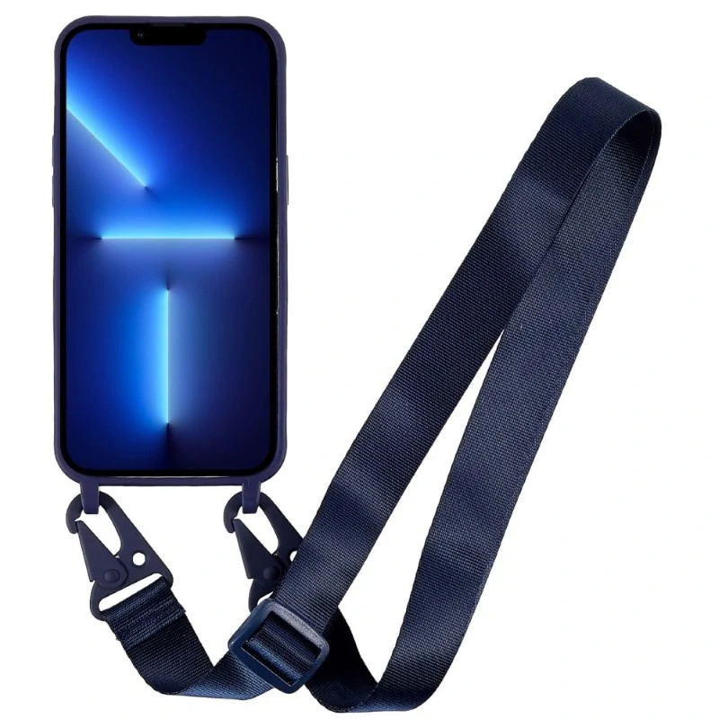Kryt na iPhone 16 Pro Max gumový se šňůrkou na krk tmavě modrý