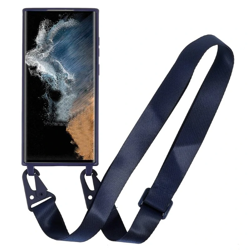 Kryt na Samsung Galaxy S22 Ultra gumový se šňůrkou na krk modrý