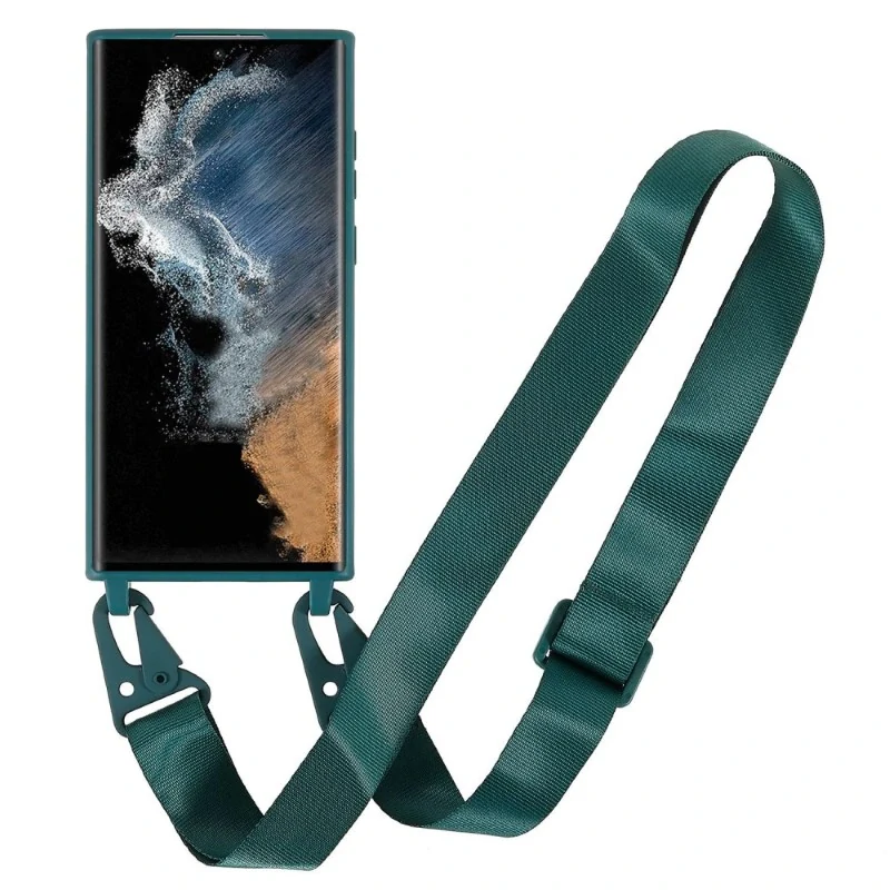 Kryt na Samsung Galaxy S22 Ultra gumový se šňůrkou na krk zelený