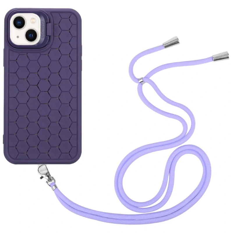 Kryt na iPhone 15 Honeycomb s podporou MagSafe a šňůrkou na krk fialový