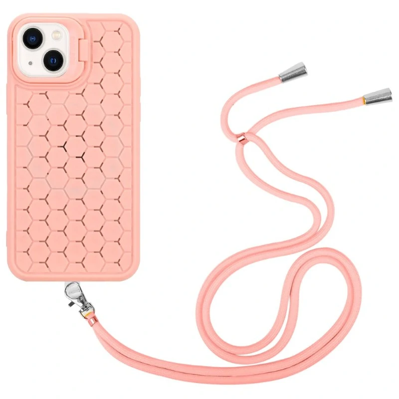 Kryt na iPhone 15 Honeycomb s podporou MagSafe a šňůrkou na krk růžový