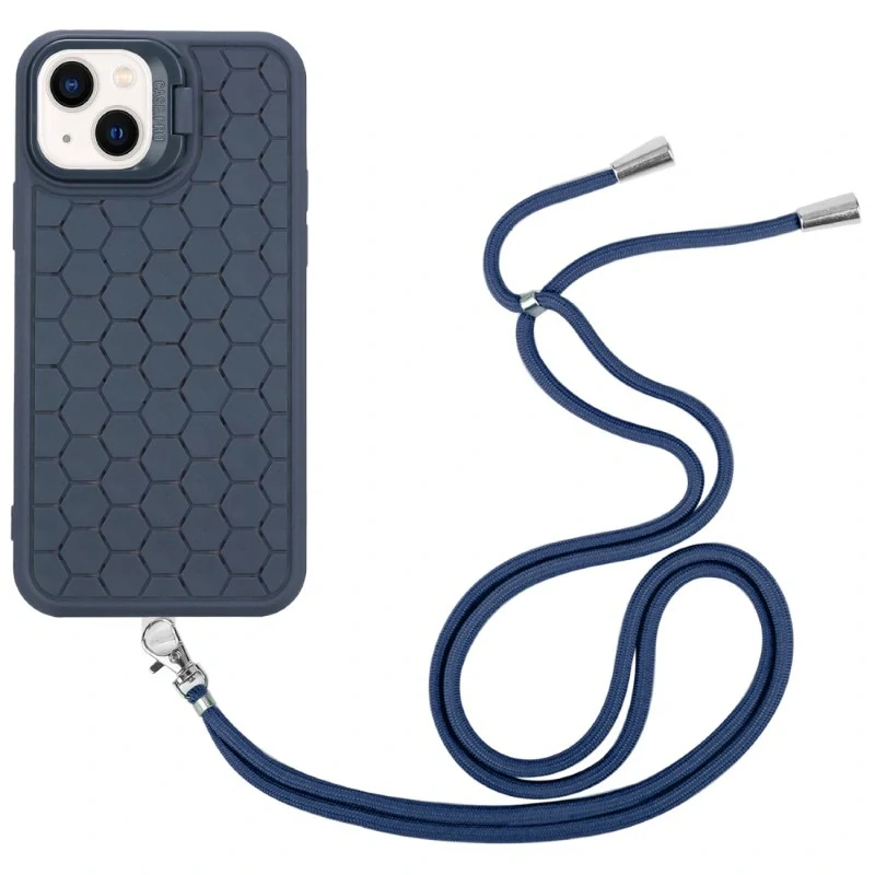 Kryt na iPhone 15 Honeycomb s podporou MagSafe a šňůrkou na krk modrý