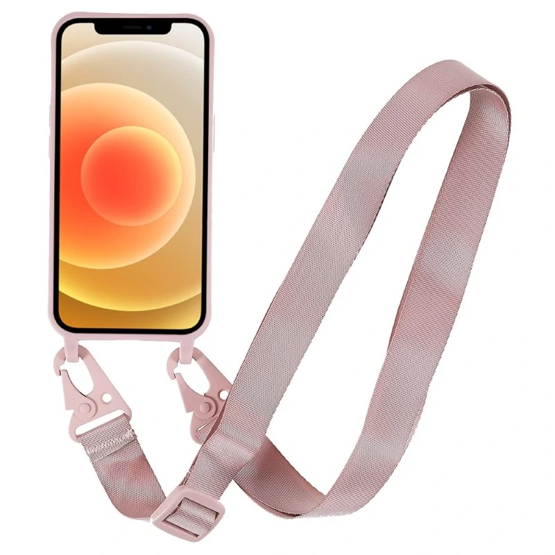 Kryt na iPhone 12 Mini gumový se šňůrkou na krk starorůžový