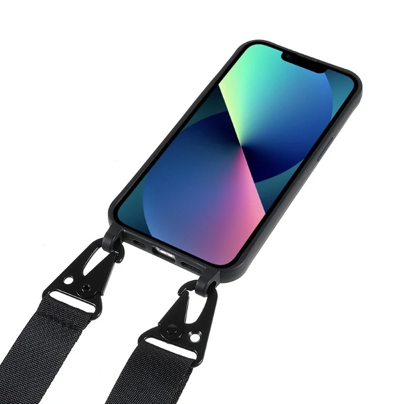 Kryt na iPhone 13 gumový se šňůrkou na krk černý