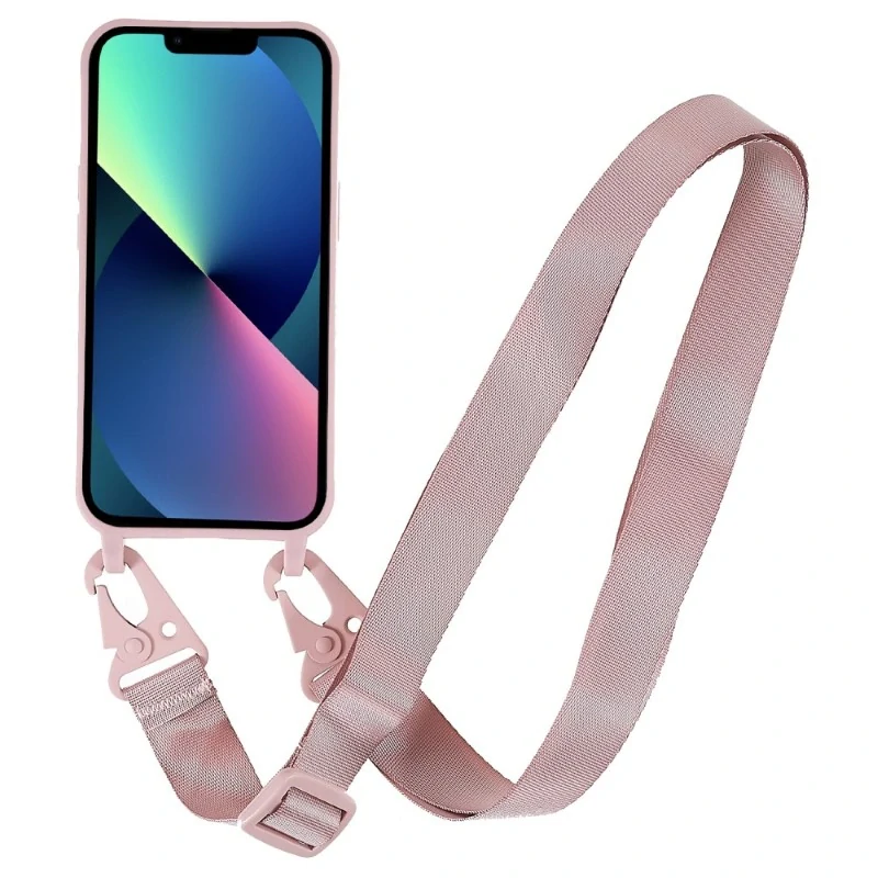 Kryt na iPhone 13 gumový se šňůrkou na krk starorůžový