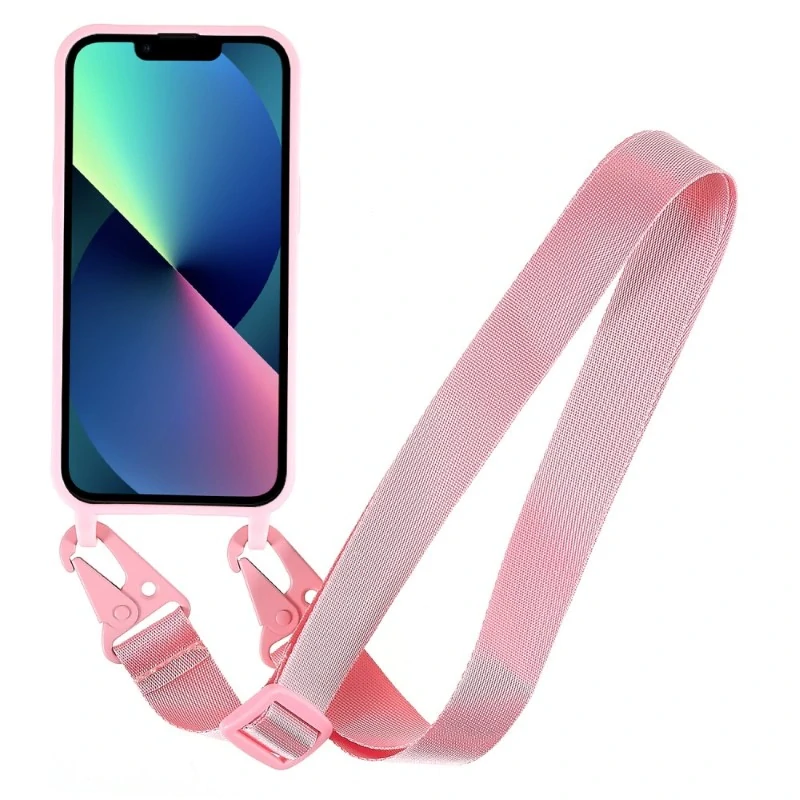 Kryt na iPhone 13 gumový se šňůrkou na krk růžový