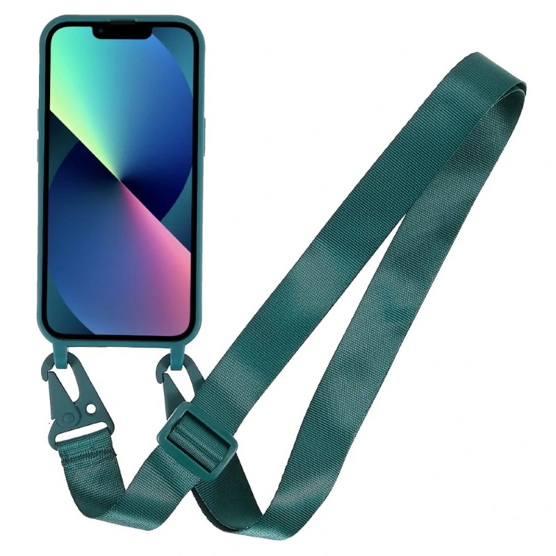 Kryt na iPhone 13 gumový se šňůrkou na krk zelený