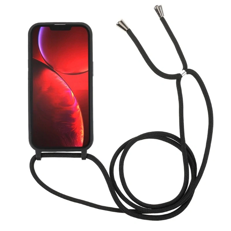 Kryt na iPhone 13 Mini gumový se šňůrkou na krk černý