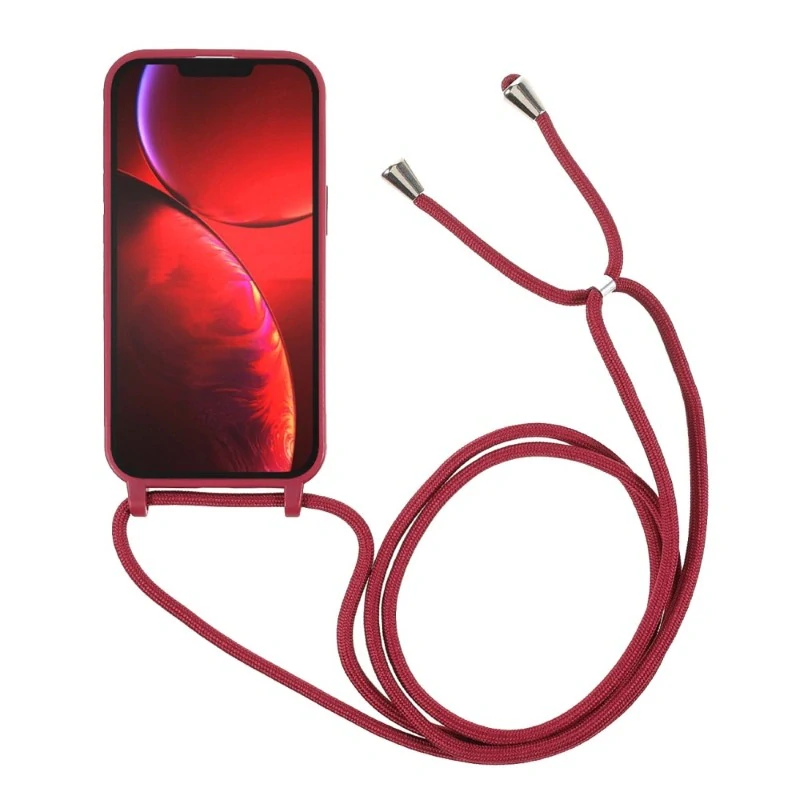 Kryt na iPhone 13 Mini gumový se šňůrkou na krk vínový