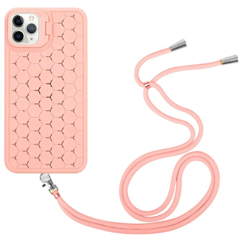 Kryt na iPhone 13 Pro Honeycomb s podporou MagSafe a šňůrkou na krk růžový