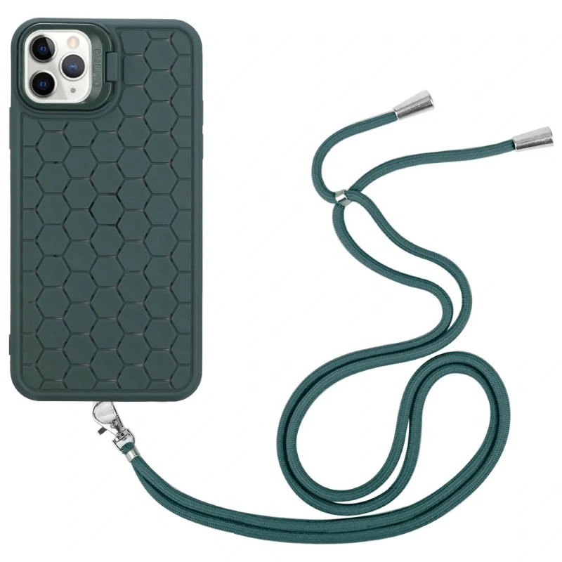 Kryt na iPhone 13 Pro Honeycomb s podporou MagSafe a šňůrkou na krk zelený