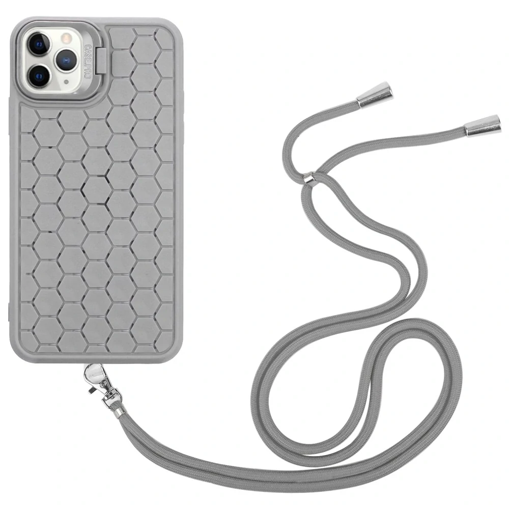 Kryt na iPhone 14 Pro Honeycomb s podporou MagSafe a šňůrkou na krk šedý