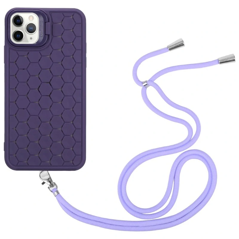 Kryt na iPhone 12 / 12 Pro Honeycomb s podporou MagSafe a šňůrkou na krk fialový
