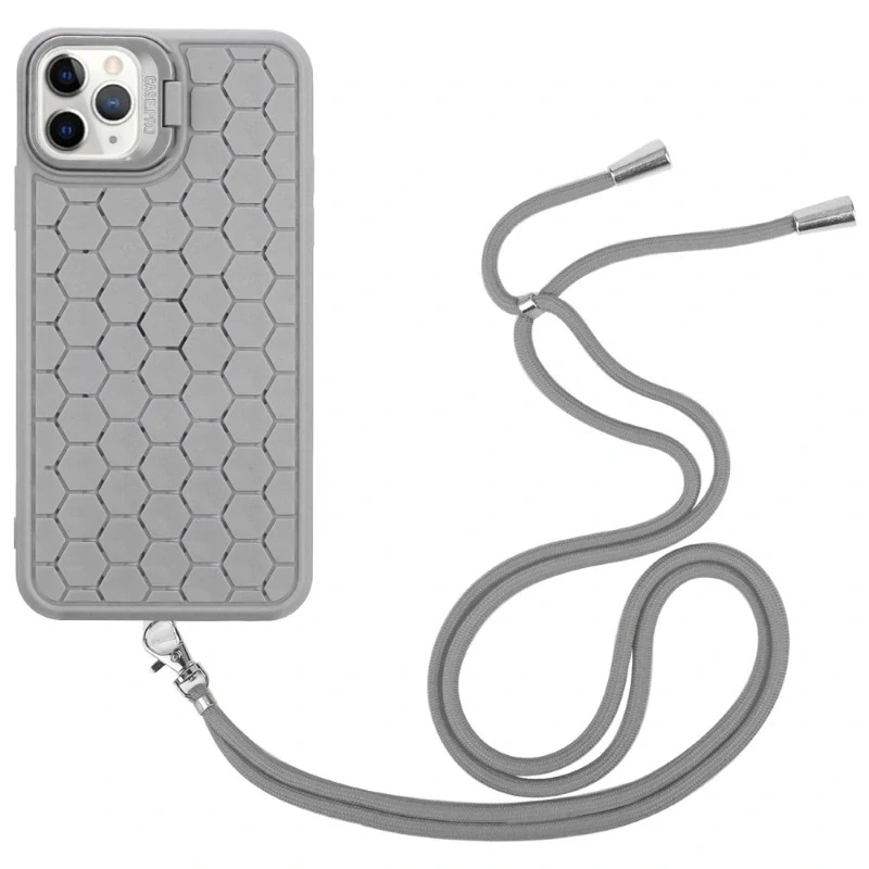 Kryt na iPhone 14 Pro Max Honeycomb s podporou MagSafe a šňůrkou na krk šedý