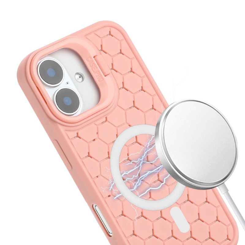 Kryt na iPhone 16 Honeycomb s podporou MagSafe a šňůrkou na krk růžový