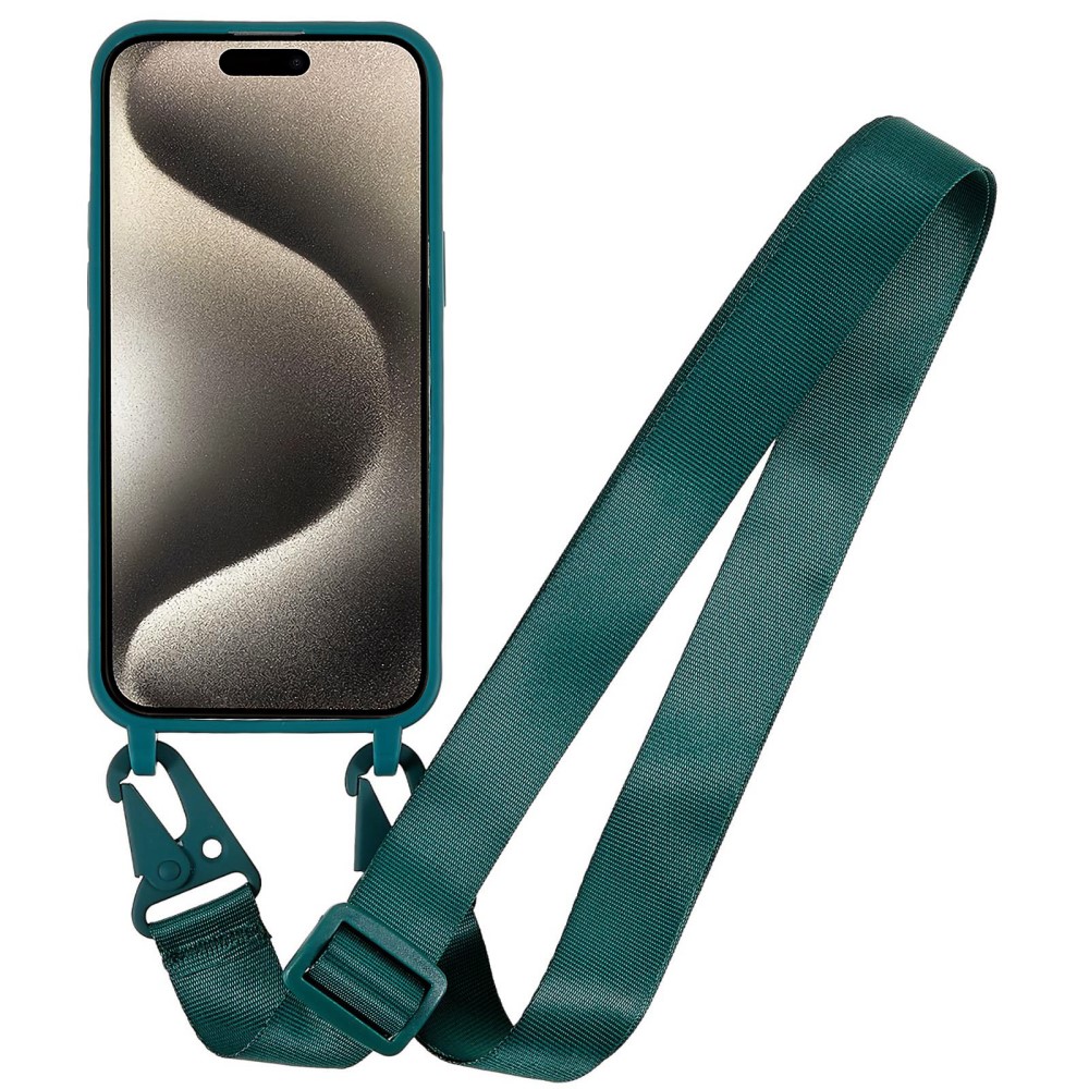 Kryt na iPhone 15 Pro Max gumový se šňůrkou na krk zelený