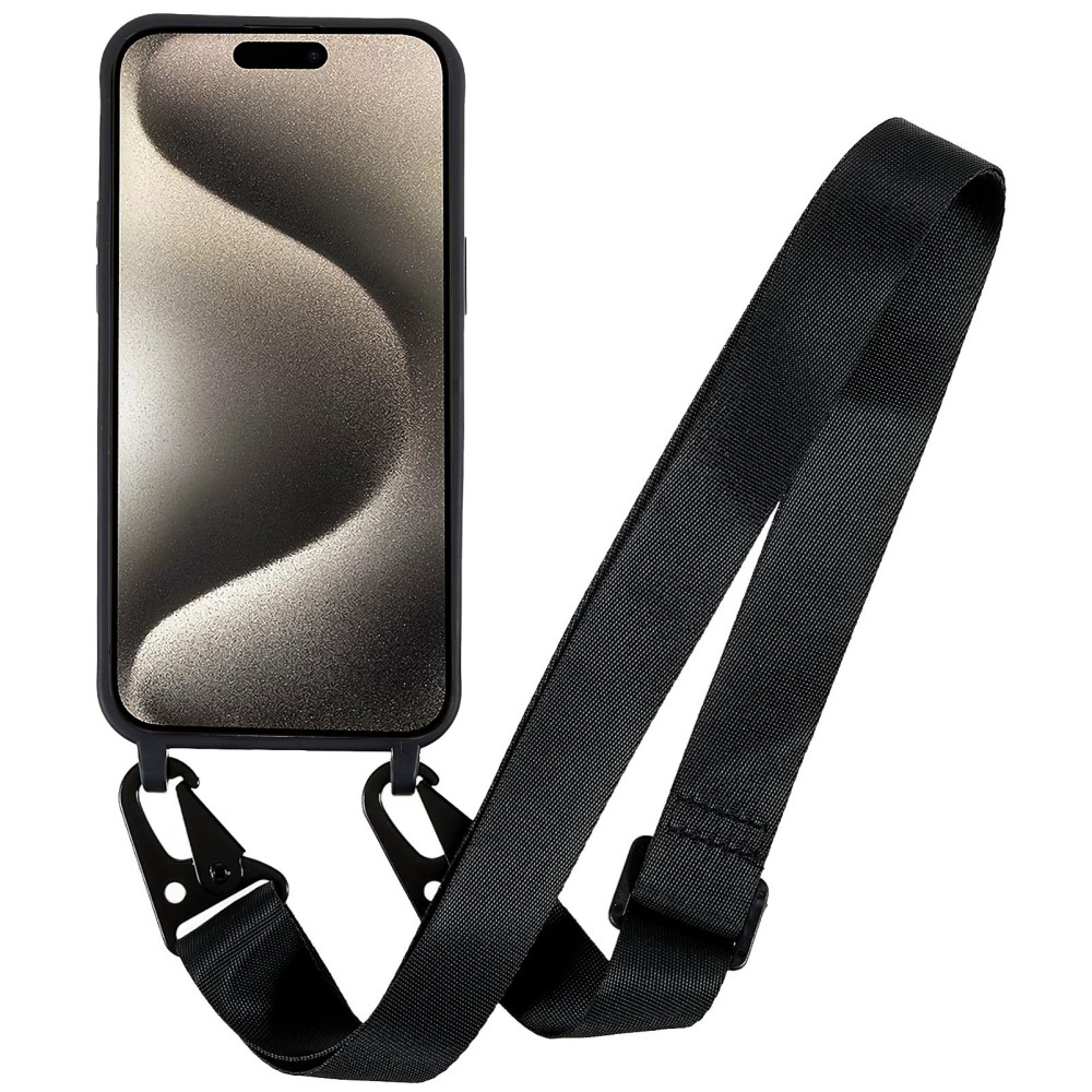 Kryt na iPhone 15 Pro Max gumový se šňůrkou na krk černý