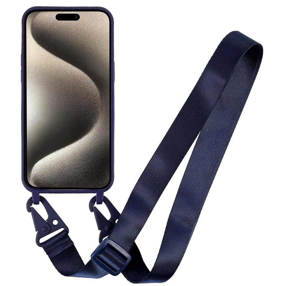 Kryt na iPhone 15 Pro Max gumový se šňůrkou na krk modrý